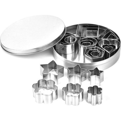 24 emporte-pièces en acier inoxydable, formes ronde, cœur, étoile, fleur, triangle et hexagone. Moule à biscuits pour la cuisson. (1/5)
