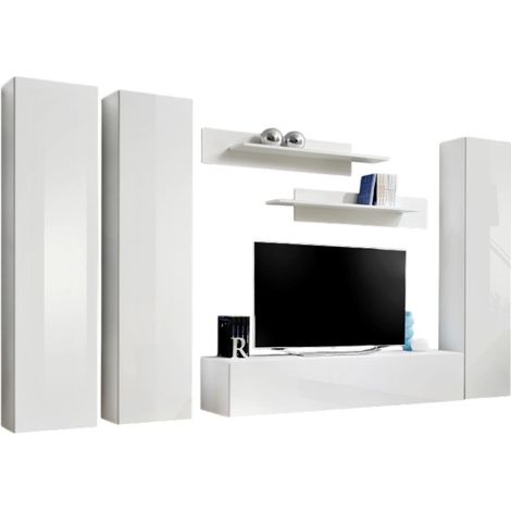 Mobile TV FLY C1 design, colore bianco lucido. Mobile sospeso moderno e alla moda per il tuo soggiorno.