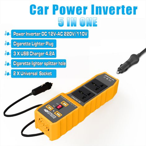Onduleur auto 400W haute fréquence sinus modifié convertisseur 12V DC 220V AC avec 3 ports USB 2 prises secteur allume-cigare jaune ABS (1/4)