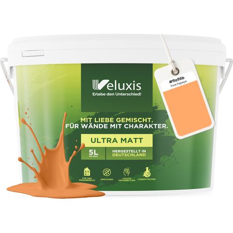 Wandfarbe Orange Gelb Rosa Matt Innenfarbe – Deckkraft Klasse 1, VOC-frei, Ohne Grundierung, Tropfarm – Wohnzimmer & Schlafzimmer – 5L – Veluxis (Pure Papaya)
