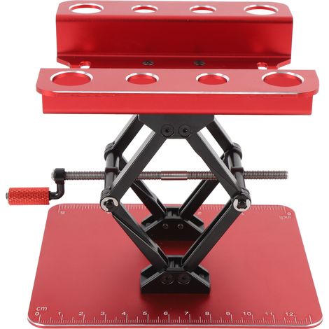 Support de réparation en métal pour voitures RC 1/8 et 1/10, avec plateforme élévatrice rotative et système de simulation. Rouge. (1/5)