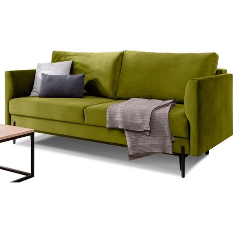 Canapé convertible 4 places velours ROBBY 215cm – Rangement et pieds métal noir-Vert olive (1/5)