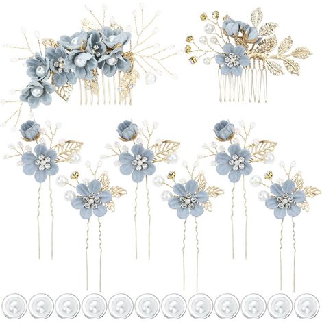 Lot de 8 peignes latéraux élégants bleu poudré à fleurs pour cheveux de mariée + épingles à cheveux fleuries + pinces à cheveux torsadées en spirale avec perles - Accessoires de coiffure pour bal de f (1/5)