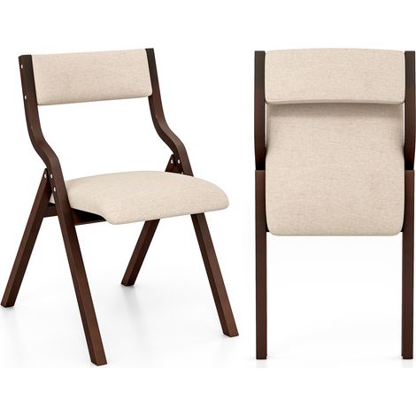 Lot de 2 Chaises de Salle à Manger Pliantes, Chaises de Cuisine Rembourrées avec Cadre en Bois Massif, Dossier en Tissu de Lin, Sans Accoudoirs, Brun (1/5)