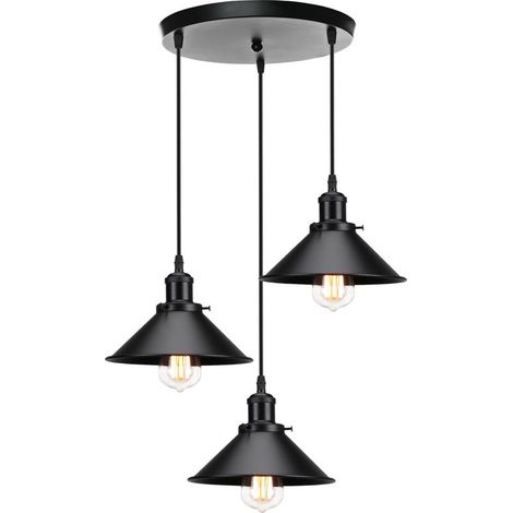 Lustre Suspension 3 Tete en Metal E27 22cm Noir (1/5)