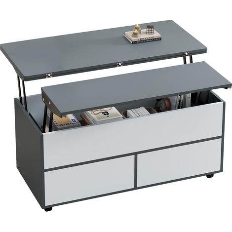 Mesa de centro rectangular de 100 x 98 x 65 cm, mesa de centro regulable en altura, color gris y blanco, con almacenamiento oculto y estantes, ideal para salón, estudio, apartamento y oficina. (1/5)