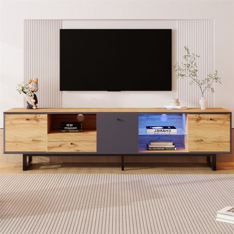 Meuble TV 190 cm, avec effet LED, cloison vitrée, charnières amorties, avec trois portes, trois compartiments et un tiroir, design style industriel - Coloris noyer (1/5)
