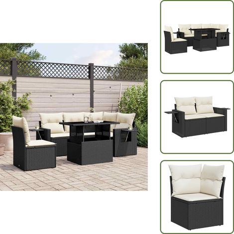 Salon de jardin 6 pcs avec coussins noir résine tressée - Ensemble Salon De Jardin - Meuble Extérieur - Résine Tressée - Rotin Synthétique - Table Extensible (1/5)