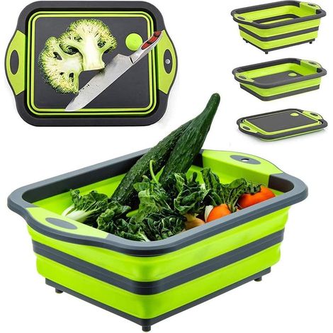 Planche À Découper Pliable - Avec Égouttoir Intégré Et Bouchon De Vidange - Pour Cuisine Intérieure Et Extérieure - Vert - 1 Pièce (1/5)
