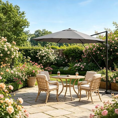 Ombrellone da giardino decentrato in metallo grigio scuro, tessuto poliestere UPF 50+, inclinabile e girevole 360°, con base a croce (1/5)