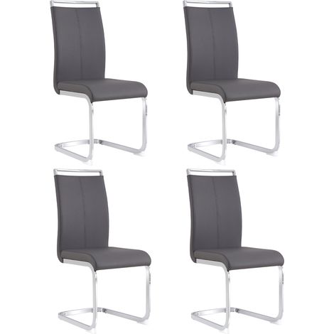 Lot 4 chaises freischwinger grises - Cadre métal chromé - Capacité 120 kg - Structure souple - Similicuir rembourré - Pour salle à manger, bureau, salon (1/5)