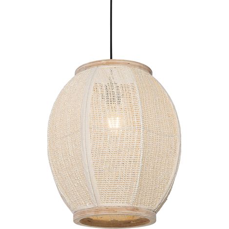 QAZQA Oriental Lámpara colgante oriental natural 35 cm - Rob Textil /Acero /Madera Ovalada Adecuado para LED Max. 1 x 60 Watt