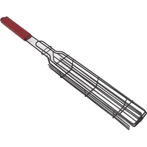 Grille à kebab en fer verrouillable avec poignée en bois, panier pour barbecue, idéale pour griller légumes, saucisses et viandes, rouge (1/5)