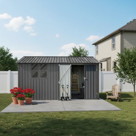 Abri De Jardin Métal 10,34 m² Gris, 362 x 285,5 cm, Toit Double Pente, Porte Battante Verrouillable, Fenêtre