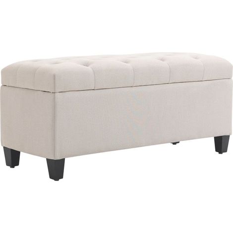 Banc de rangement, banquette capitonnée aspect lin, coffre de rangement avec pieds en bois, banc coffre pour salon, chambre, entrée, 100 x 40 x 44 cm, blanc crème (1/5)