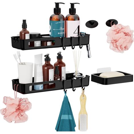 Etagere Salle de Bain Sans Percage, Antirouille Etagere Douche, Support Inox Douche Sans Percage 2 pièces avec porte-savon, 6 patères et 6 patères murales, Pour Porte Rasoir Accessoire Salle de Bain (1/5)