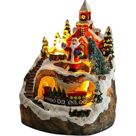 Village de Noël, maisons, train rotatif, figurines, décoration musicale lumineuse LED, Père Noël (1/5)