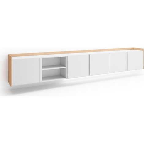 Skraut Home - Mobile TV Soggiorno, Ampio spazio a disposizione, 309x35x50cm, Per TV fino a 80", Sospeso, da appendere, LED, Stile moderno, Bianco e Rovere soft (1/5)