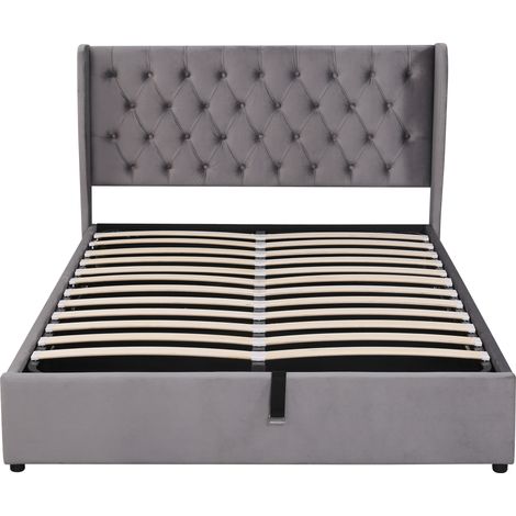 Lit coffre capitonné en velours gris 140 x 200 cm avec sommier à lattes et relevage hydraulique (1/5)