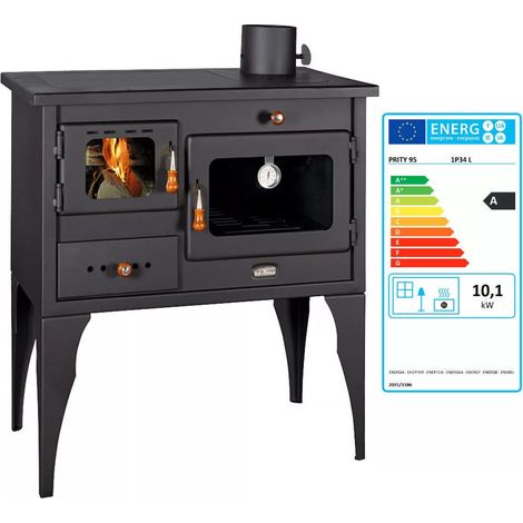 Prity – Poêle à bois 10 kW avec four – Sortie de fumée supérieure – Chambre de combustion en briques réfractaires – Pour bois et charbon