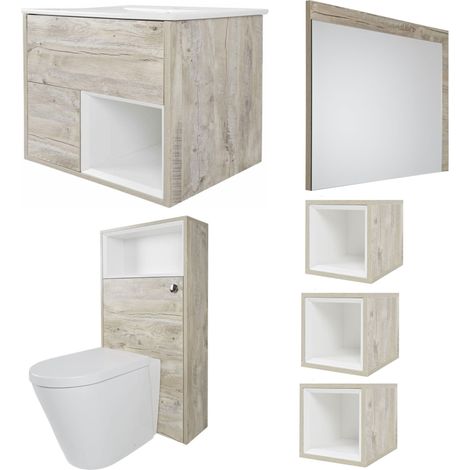 Milano Bexley Light Oak 610mm Bathroom Furniture Set with Vanity Unit  Toilet WC Unit  Mirror and Three Cube Storage Units - With LED Lights (1/5)