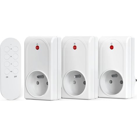 Prise Programmable Telecommande sans Fil, 3 Prises Électriques et 1 Télécommande, Portée 80M, Fonction All on All Off, 230V, 1 Piles CR2032 (1/5)