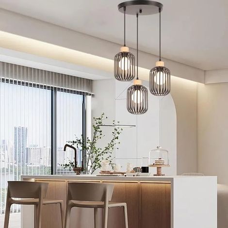 Lampe Suspension - - Vintage - Métal + Bois - E27 - 3 Ampoules - Noir (1/5)