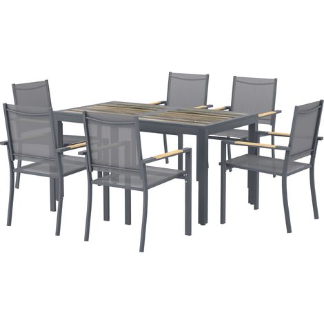 7-teiliges Garten-Set: Holztisch 140x80x72cm Grau + 6 klappbare Textilene-Stühle