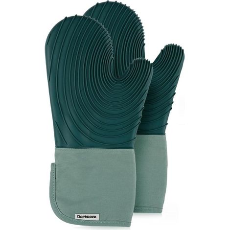 Ensemble de gants de cuisine en silicone, mitaines doublées en coton, sans BPA, gants de cuisson longs et trépied, gants de gril en silicone, 2 pièces (vert) (1/5)