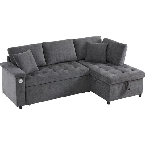 Canapé d'angle convertible, chargeur USB, rangement et 2 coussins, en Tissu Chenille, Gris foncé (1/5)