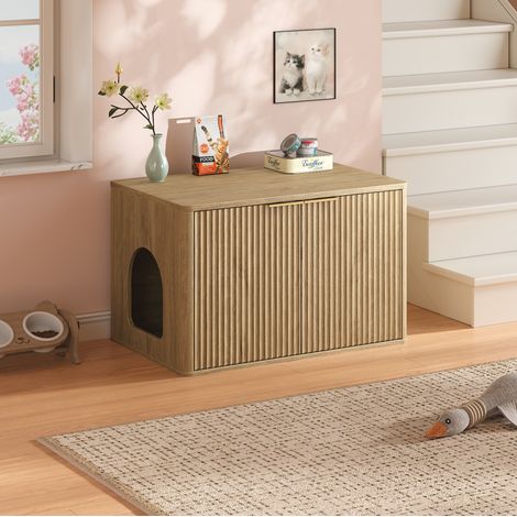 Mueble arenero para gatos 80x50x50 cm con entrada izquierda o derecha, mesa auxiliar multifunción, panel natural (1/5)