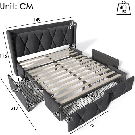 Lit rembourré avec fonction de charge USB et 4 tiroirs, lit double 140x200cm, cadre de lit, base à lattes en bois, gris (avec matelas) (1/5)