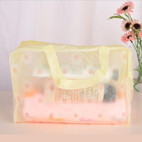 Beauty case in PVC trasparente e impermeabile con cerniera, di colore giallo, per articoli da toeletta e prodotti da bagno.