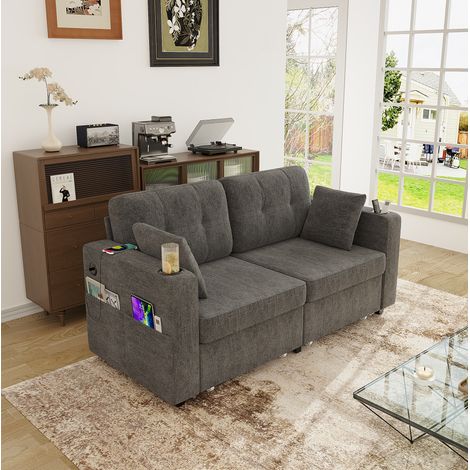 Sofá de 2 plazas de chenilla gris 172x75x82 cm con cajones, puertos USB, portavasos y bolsillos laterales (1/5)