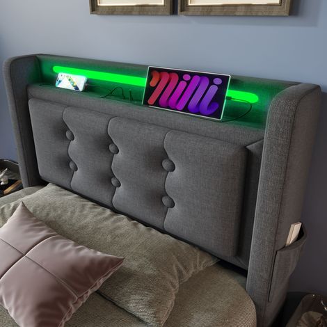 Lit capitonné 90x200 cm, lit une place avec tête de lit lumineuse LED et port USB-C, lit coffre hydraulique avec sommier lattes bois et structure acier, charge max 150 kg, gris, coton (matelas inclus) (1/5)