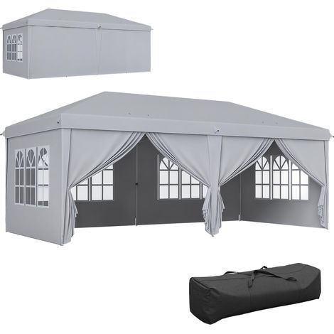 Tonnelle barnum pliant pop-up 6 x 3 x 2,7 m 4 parois latérales amovibles 4 fenêtres sac de transport gris clair