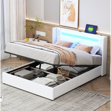 Cama tapizada con almacenaje 140x200 cm blanca en PU con LED, Bluetooth, USB y apertura hidráulica (1/5)