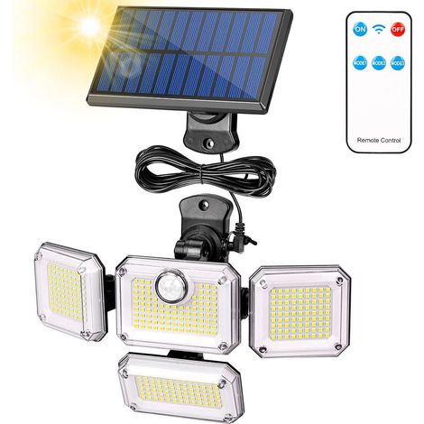 Projecteur solaire extérieur étanche [333 LED/3 modes], avec télécommande et câble de 5 m, angle de faisceau de 240°.