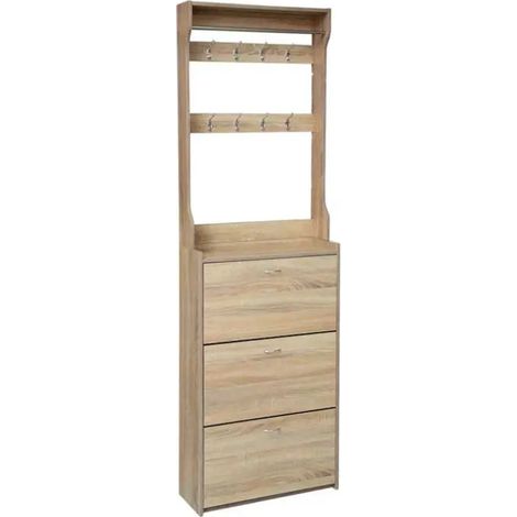 Schuhschrank mit Garderobe Gaia, 63 x 22 x 208 cm, Eiche, 3 Fächer mit Klapptüren und Hakenleiste