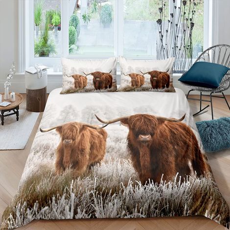 Parure de lit avec housse de couette 135 x 200 cm et 1 taie d'oreiller Motif vache des Highlands Marron (1/5)