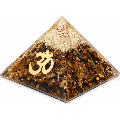 Pyramide Orgonite oeil de Tigre avec symbole AUM 7 cm
