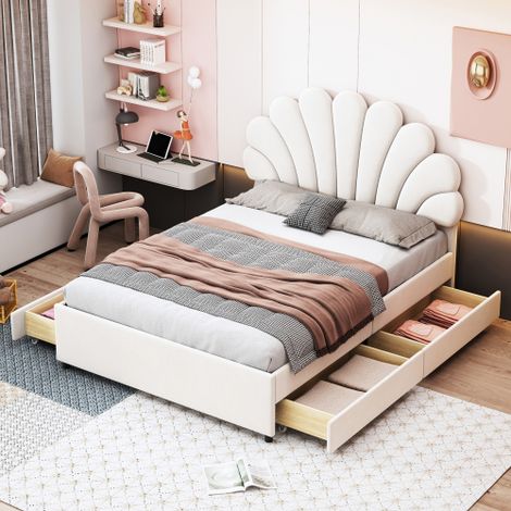 Letto imbottito 140 x 200 cm, struttura letto con testiera a forma di fiore e rete a doghe, con vani contenitore, letto per ragazzi, letto per adulti, letto matrimoniale, tessuto in velluto delicato s (1/5)