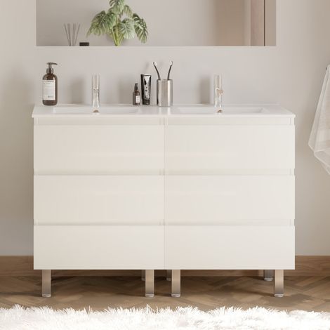 Meuble de salle de bain 120cm double vasque - sans miroir - 6 tiroirs - blanc - MAYOR