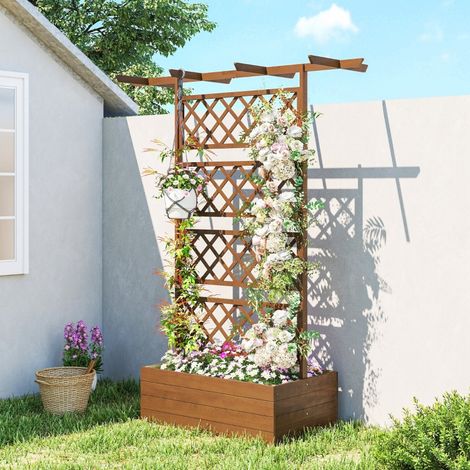 Carré de jardin en bois avec treillis pour plantes grimpantes, bac de plantation d'angle avec support mural et toit (1/5)