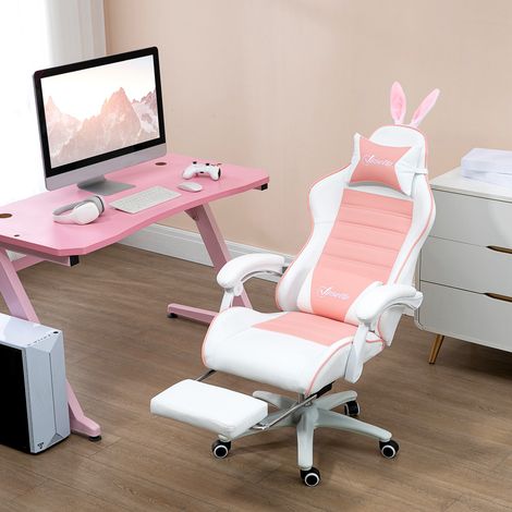 Gaming Stuhl Ergonomischer Gamer Stuhl mit Lendenwirbelstütze, Fußstütze Hasenohren Kopfkissen Rosa