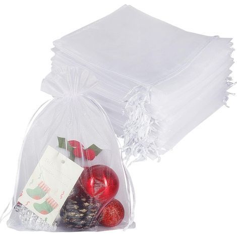 Lot de 100 grands sacs cadeaux en organza blanc - 17 x 23 cm - Avec cordon de serrage pour bijoux, bonbons, maquillage, fête prénatale, Noël, festival (1/5)
