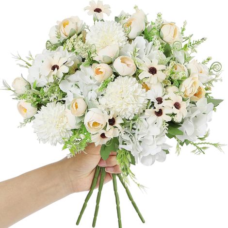 Bouquet de 4 pivoines artificielles, hortensias en soie, composition florale artificielle couleur champagne-AquaForge (1/3)