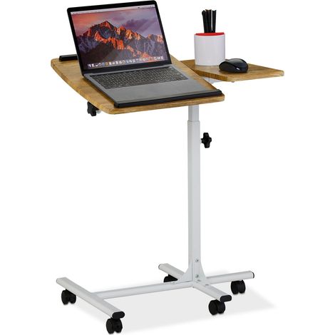 Relaxdays – Table de laptop réglable en hauteur sur roulettes – Plateau inclinable et support souris – Matériaux bois MDF et métal – Charge max 15kg (1/5)