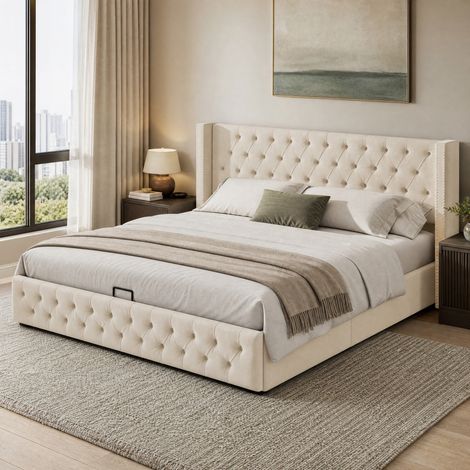 Letto contenitore 140 x 200 cm in velluto con vano portaoggetti idraulico, beige DESVIAE (1/5)