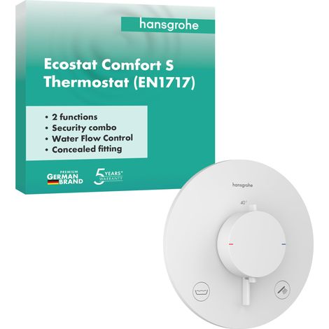 Ecostat Comfort S - Mitigeur de douche thermostatique incl. combinaison de sécurité, Robinet de douche encastré avec arrêt de sécurité à 40°C, 2 sorties, Blanc mat, 33718700 (1/5)